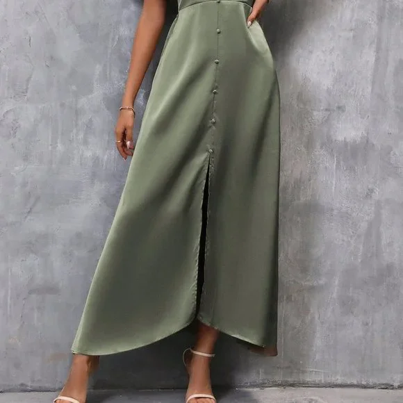 Army Green Preppy Womens Plunging Neck Butterfly Sleeve Button Front Dress - Picture 5 of 5